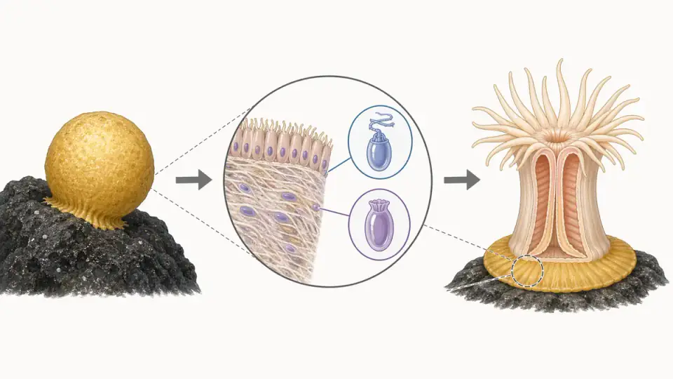 황금 구체의 겉모습에서 조직과 세포, DNA 단서를 거쳐 말미잘 계열로 이어지는 원리 도식