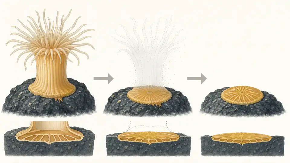 심해 말미잘의 윗부분이 사라지고 바위에 붙은 기저부만 남는 과정을 보여주는 도식