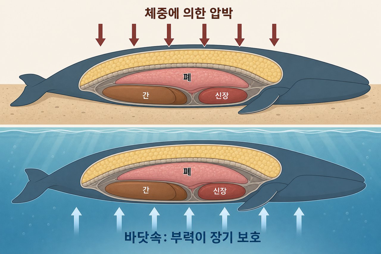 육상에 좌초된 고래의 몸이 자기 체중에 깔리는 메커니즘 도식