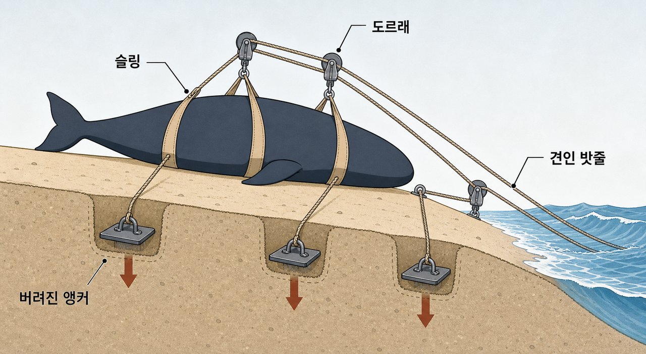 좌초 고래 구조에서 사용되는 도르래·앵커·슬링 장비 구성 도식