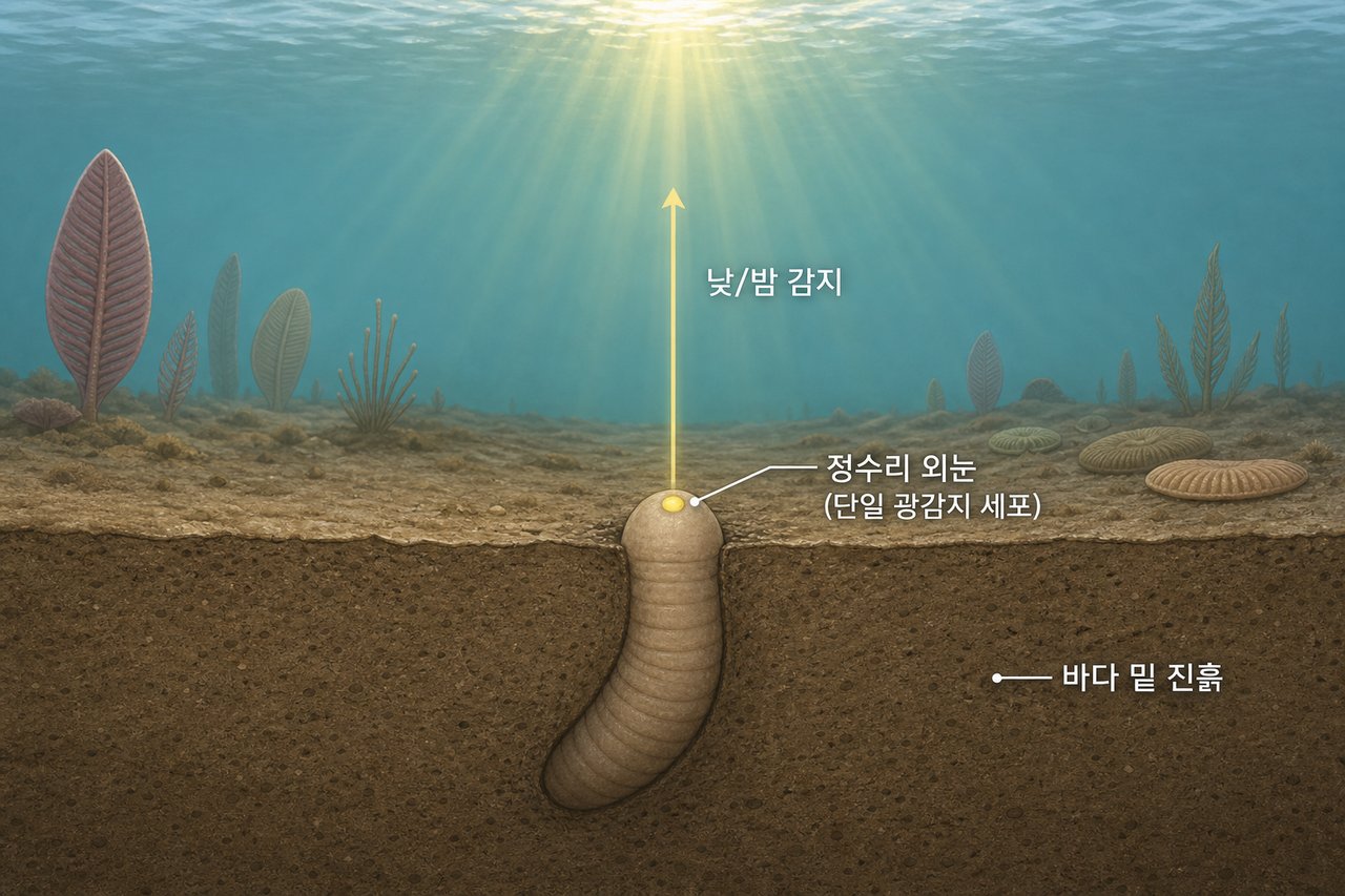 5억 6,000만 년 전 외눈 무척추동물 조상이 진흙 속에 몸을 묻고 머리만 내민 도식