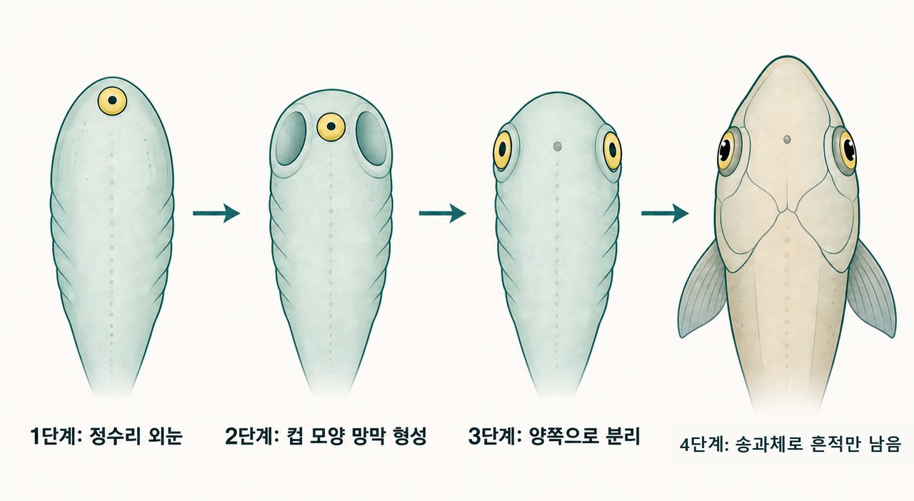 중앙의 외눈이 양쪽으로 분리되어 두 개의 측면 눈과 정수리 송과체가 되는 4단계 진화 도식
