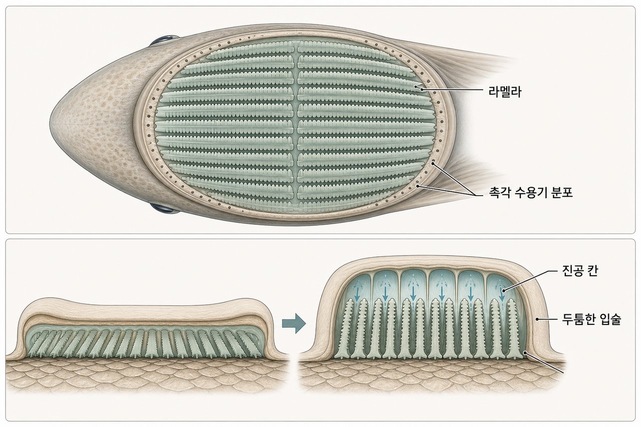 빨판상어 머리 위 흡착 원반의 라멜라 구조와 흡착 메커니즘 단면도
