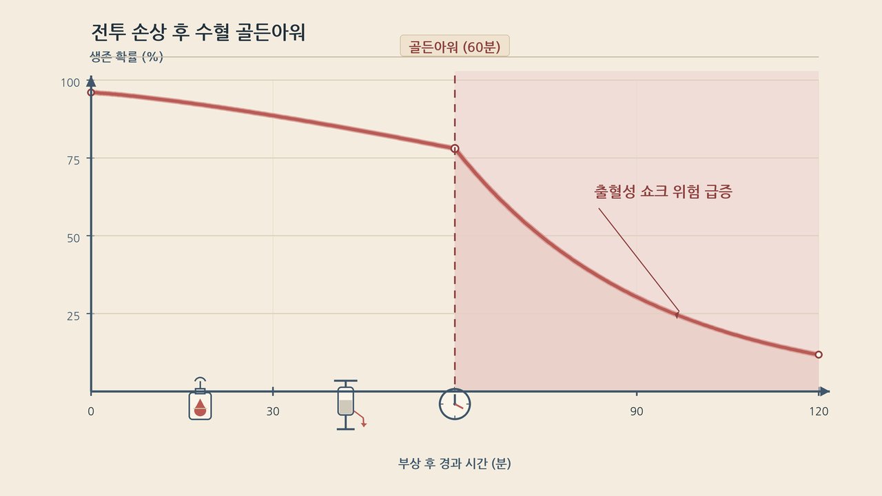 전장에서 부상자에게 1시간 안에 혈액을 전달하는 골든아워 도식