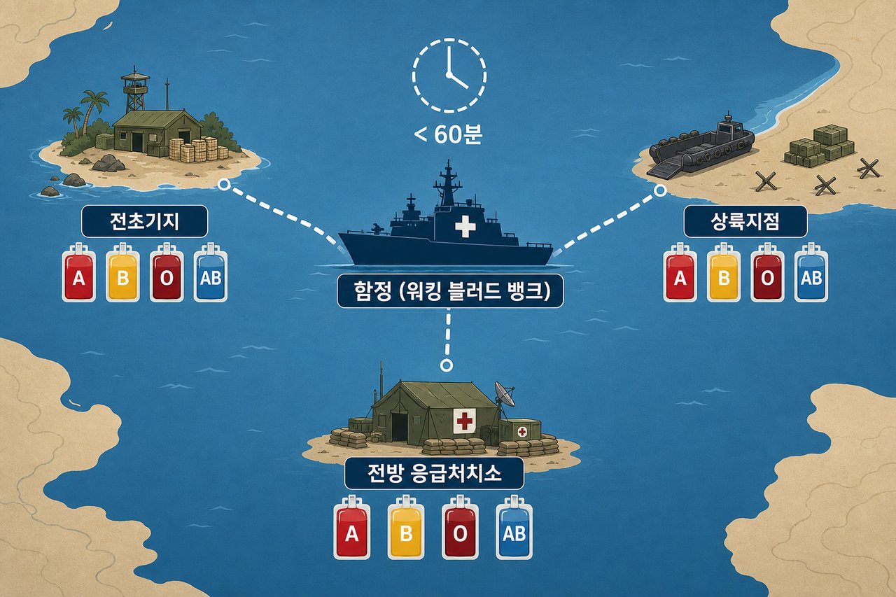 함정에서 부상자 발생 지점까지 혈액을 분배하는 보급 네트워크 도식
