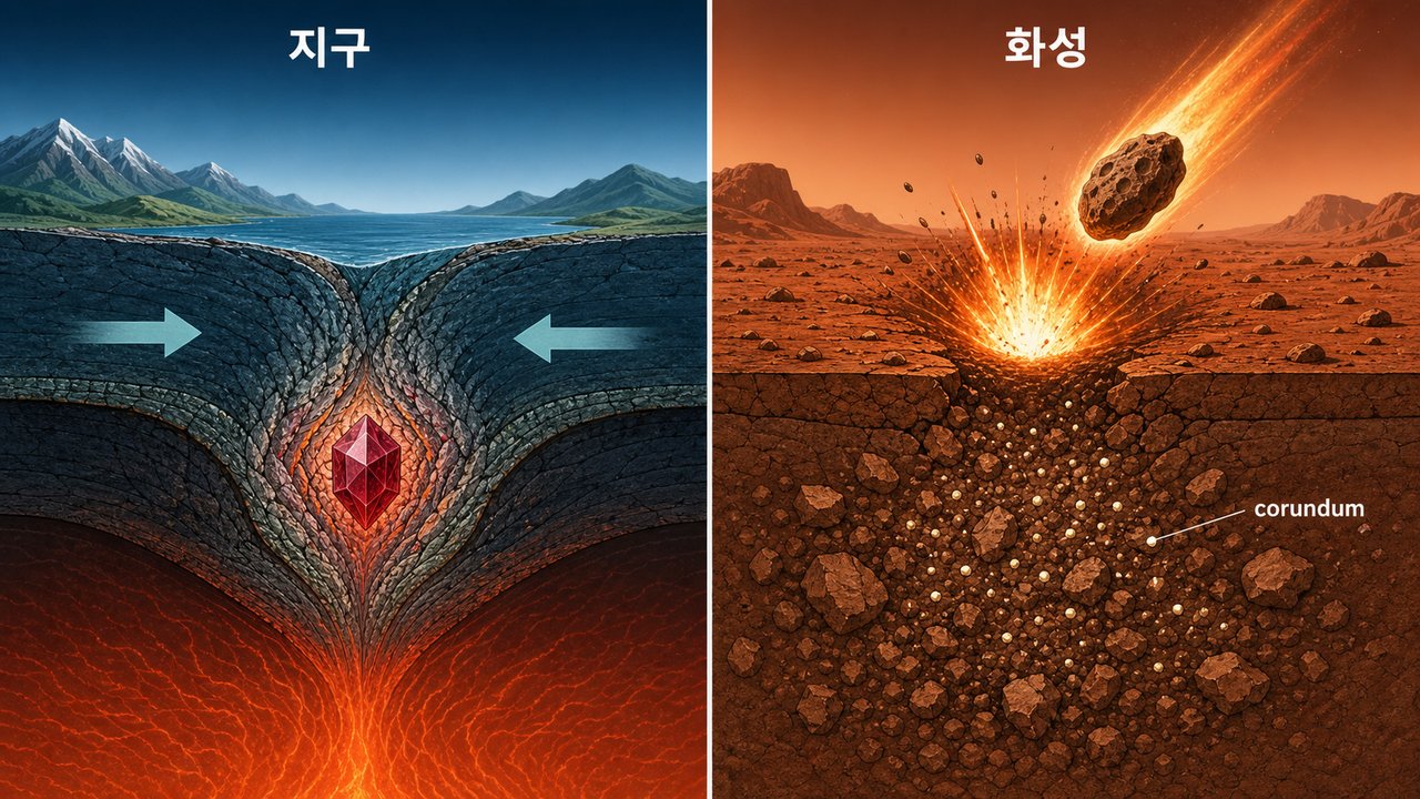 지구의 루비와 화성의 강옥이 만들어지는 과정 비교 도식