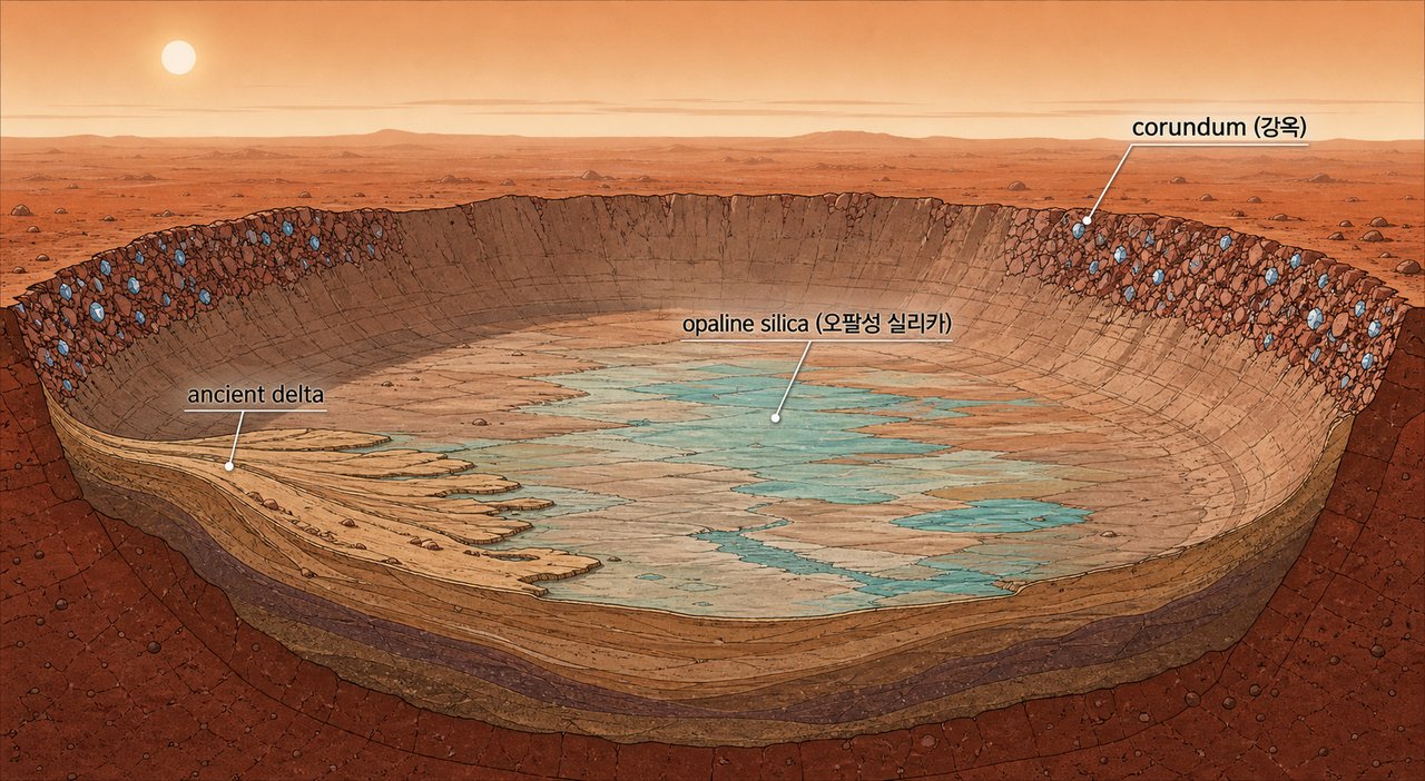 화성 강옥과 오팔이 분포하는 지질학적 위치를 보여주는 단면 도식
