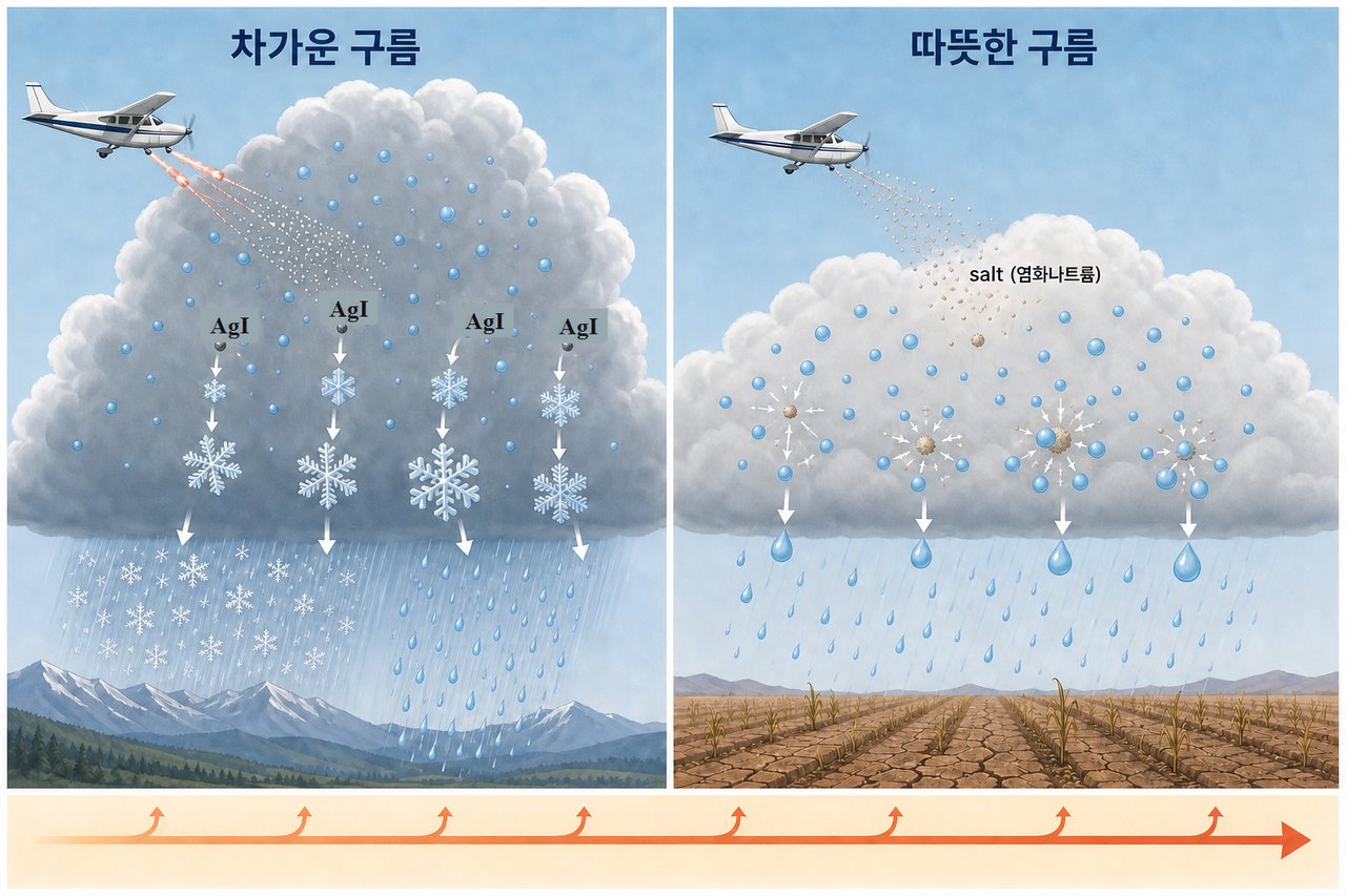 인공강우 메커니즘 단면도. 비행기와 드론이 구름에 요오드화은을 뿌리는 모습