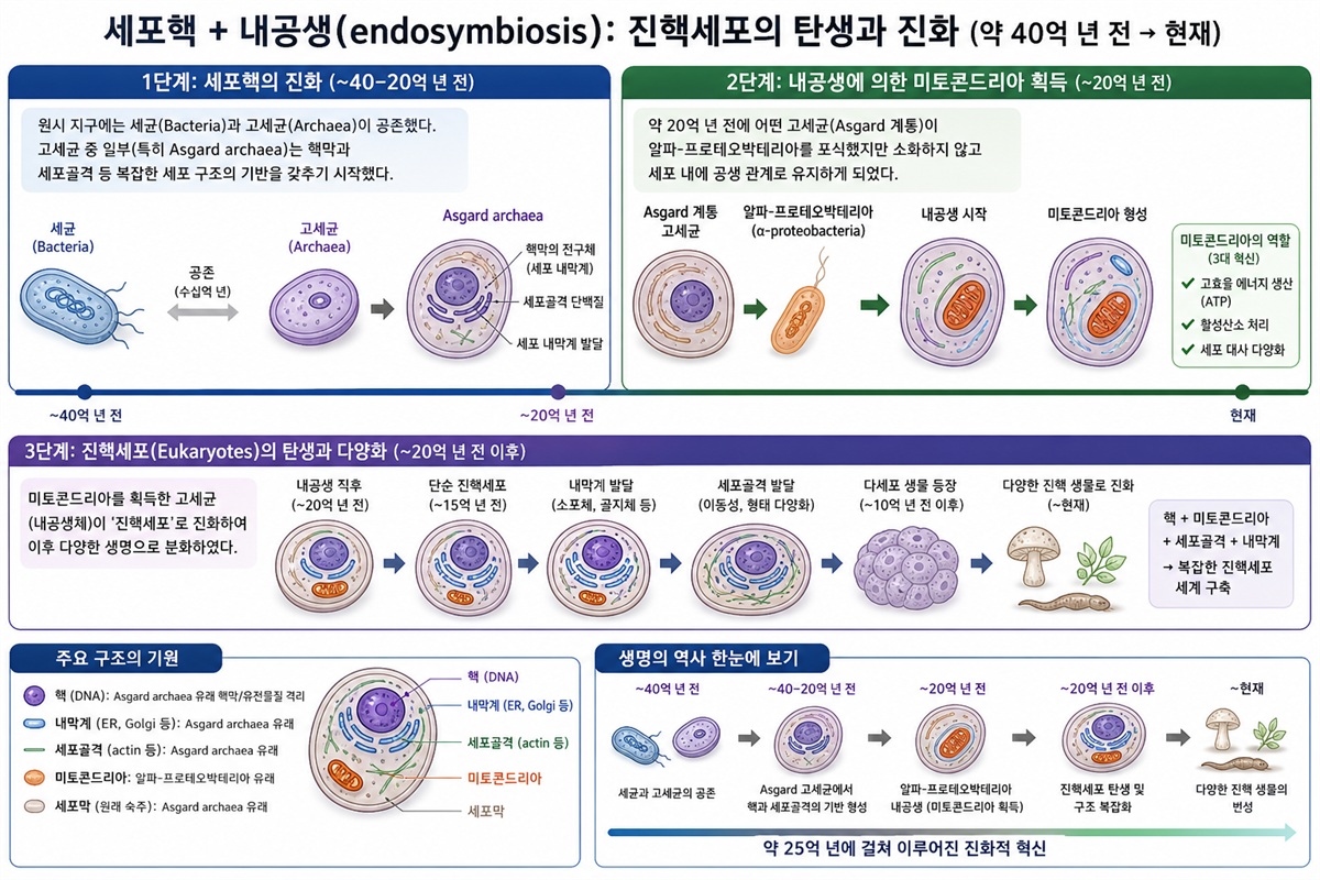 원핵생물에서 진핵생물로의 진화 트리와 내공생 사건 도식