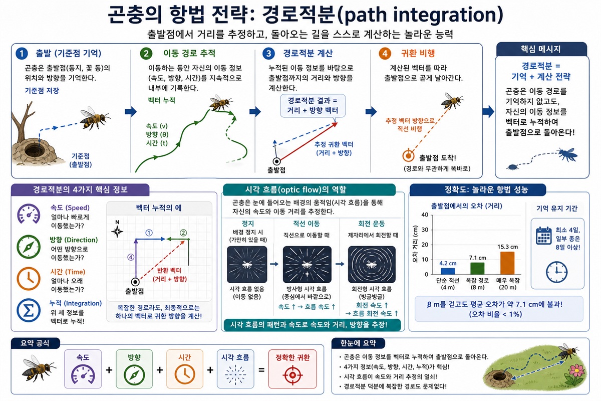 꿀벌의 학습비행과 경로적분 메커니즘 도식