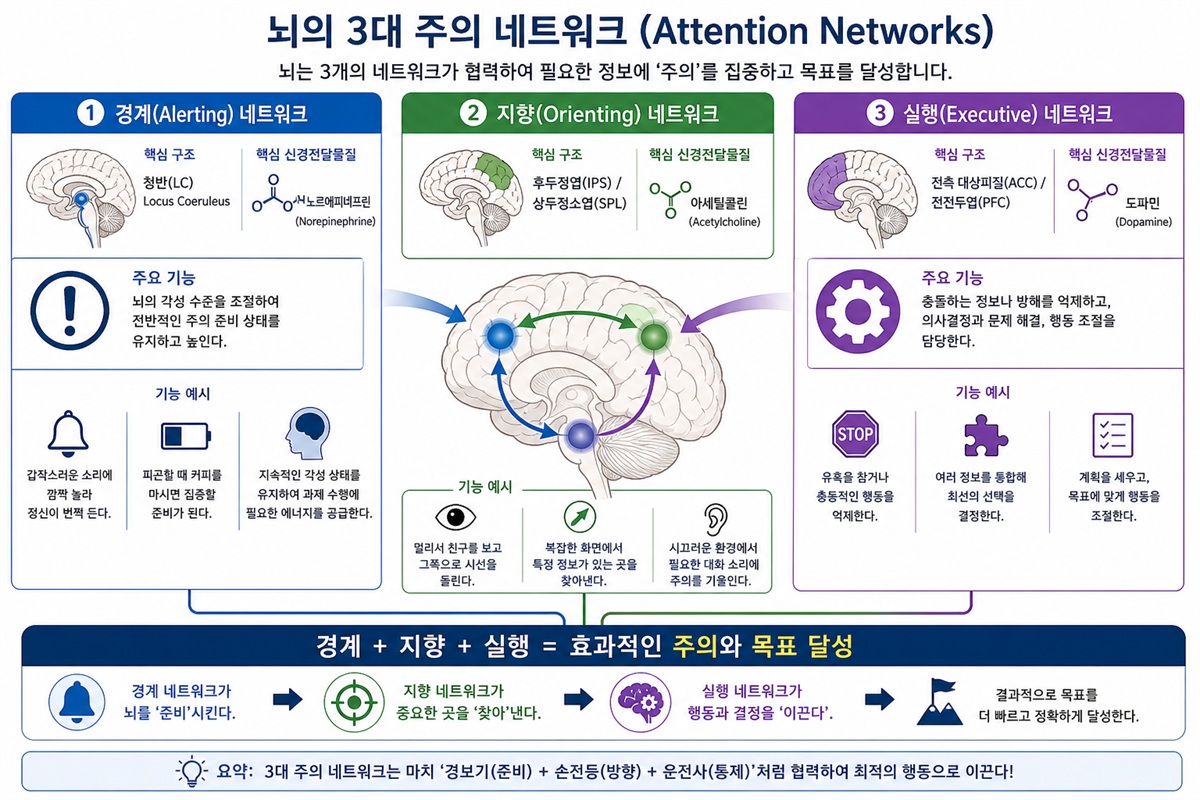 포스너와 피터슨의 주의력 3대 네트워크 도식