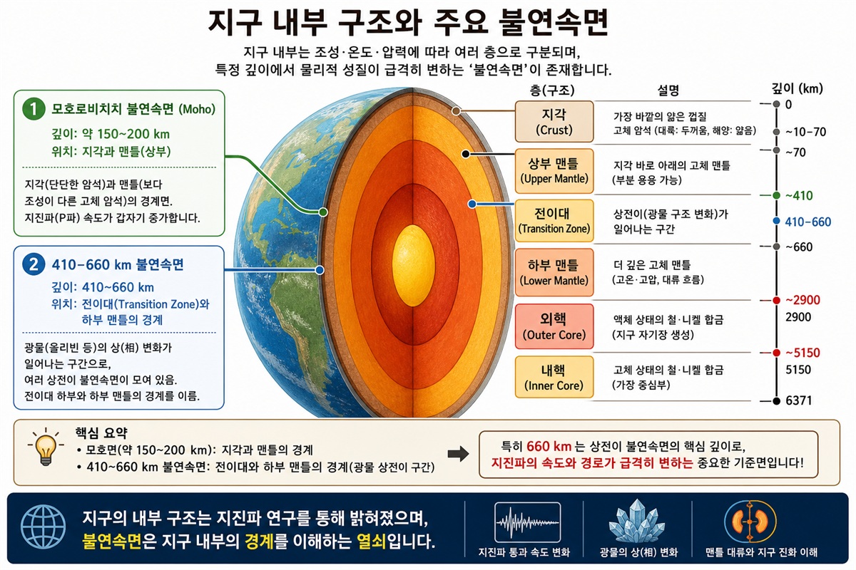 지구 단면과 초심부 다이아몬드 형성 깊이 도식
