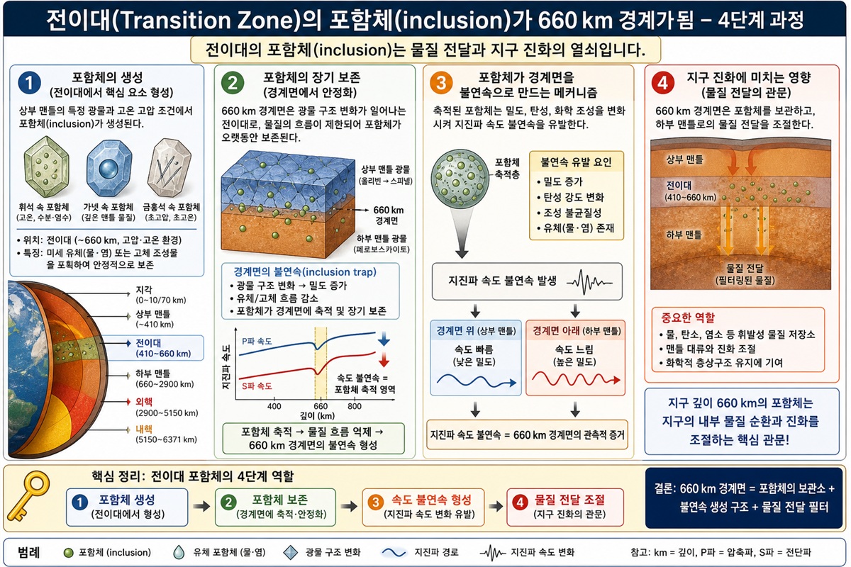 다이아몬드 안에 광물 inclusion이 갇히는 메커니즘 도식