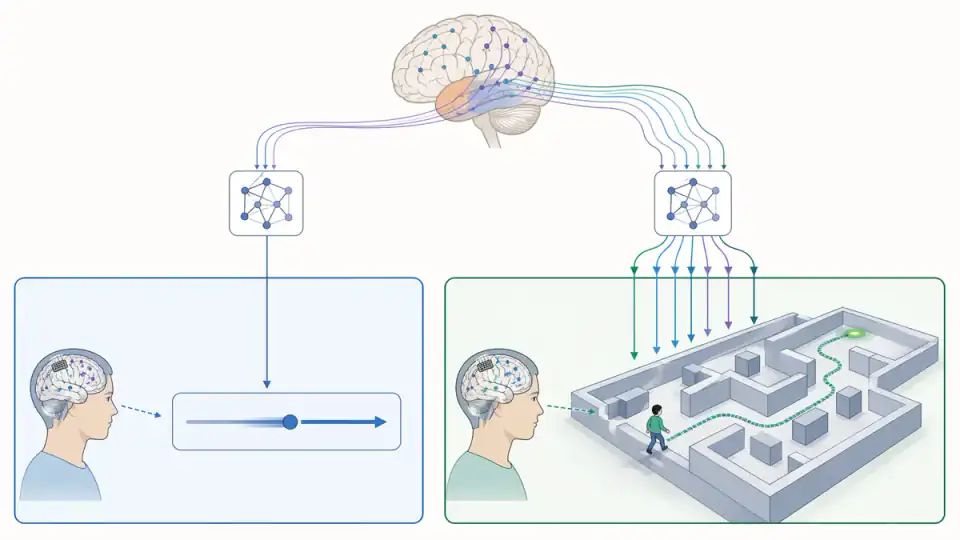 단순 커서 이동과 가상 공간 탐색의 복잡도를 나란히 비교하는 뇌-컴퓨터 인터페이스 도식
