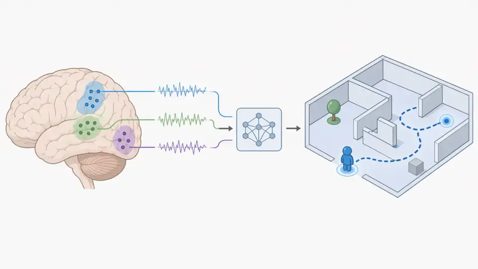 운동 관련 뇌 신호가 전극과 해독기를 거쳐 가상 공간의 아바타 이동으로 바뀌는 도식