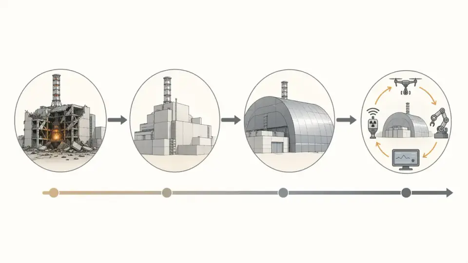 체르노빌 사고 이후 손상된 원자로와 임시 석관, 새 격납 구조물, 감시와 수리 체계를 잇는 시간 흐름 도식
