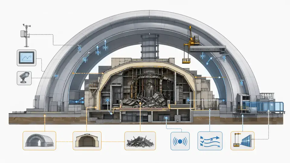 체르노빌 4호기의 새 격납 구조물과 오래된 석관, 내부 잔해, 감시 장비를 층으로 보여주는 도식