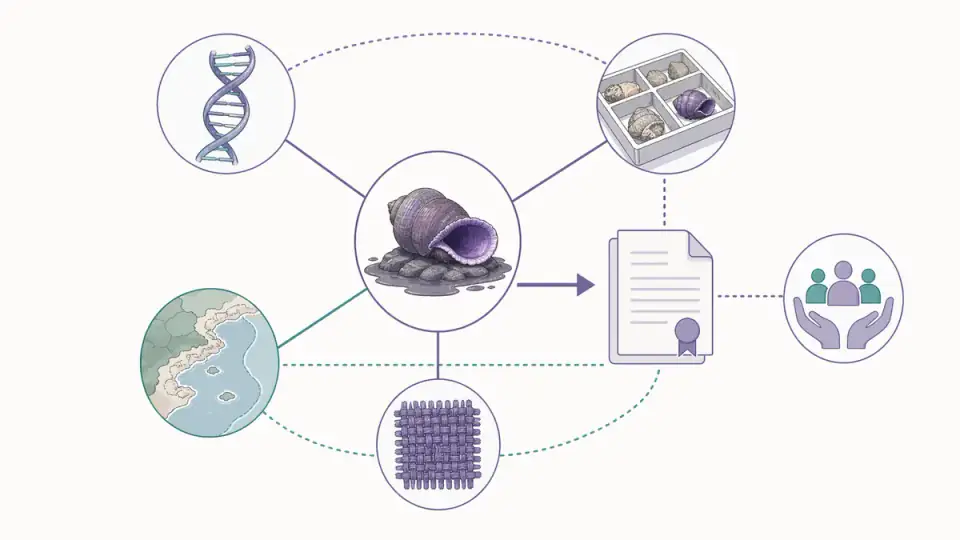 해양 달팽이 종명이 DNA, 표본, 서식지 지도, 보호 문서, 보라색 직물과 연결되는 관계 도식