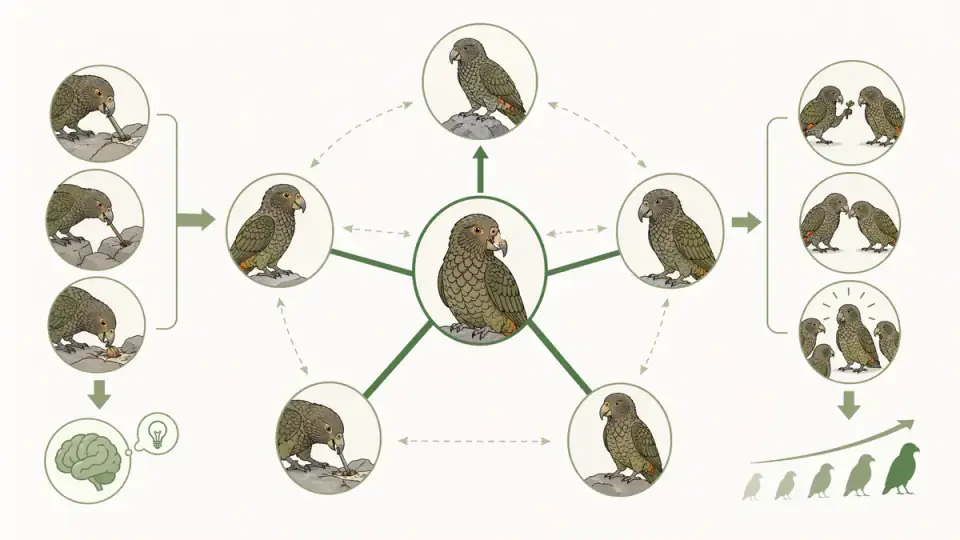 케아 무리의 상호작용 네트워크에서 행동 변화가 사회적 서열과 연결되는 도식