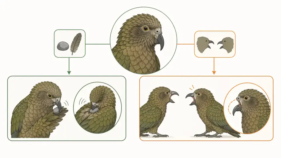윗부리가 없는 케아가 조약돌 도구와 아랫부리 자세를 활용해 적응하는 행동 도식