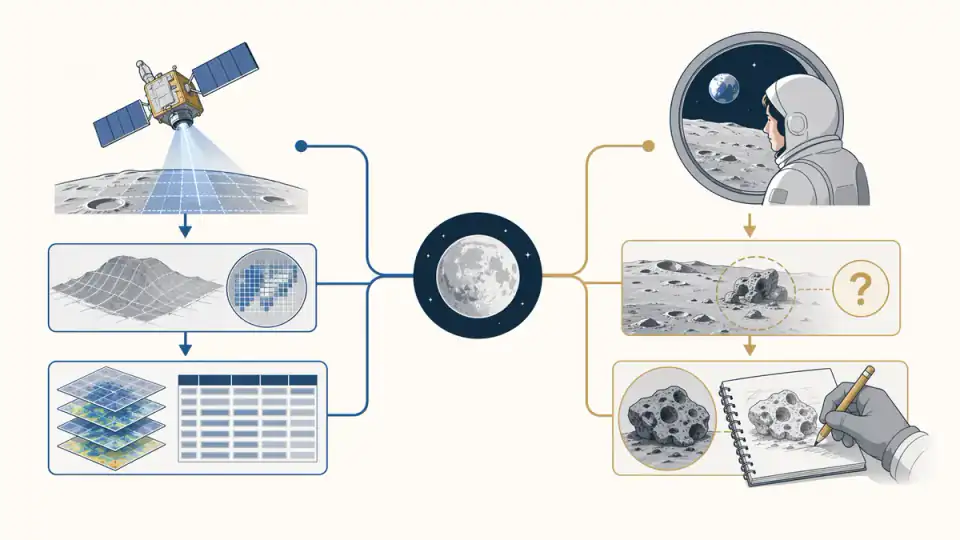 달을 중심으로 로봇 궤도선의 지도 작성과 인간 승무원의 관측 질문이 나뉘는 비교 도식